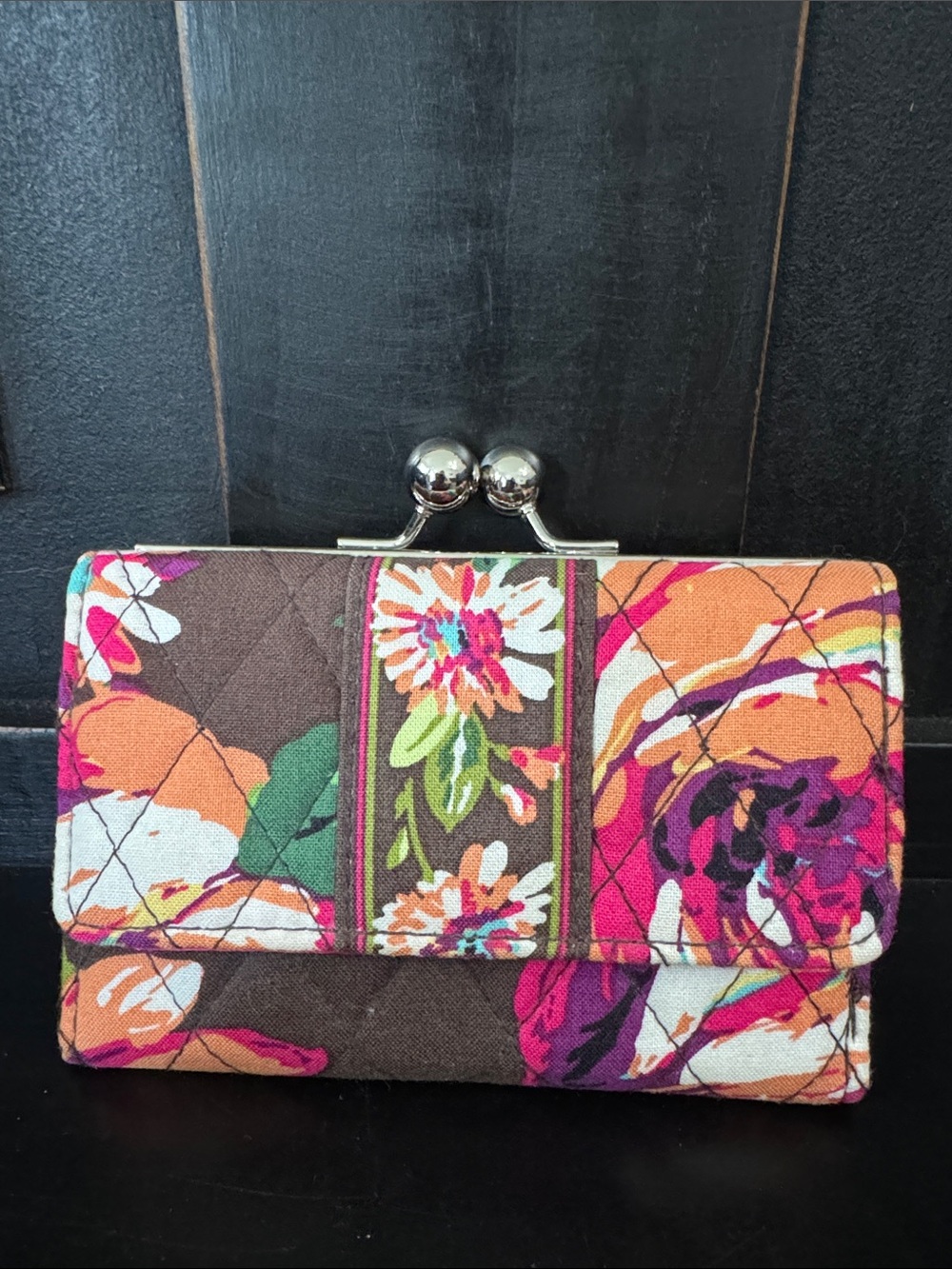 Vera Bradley Floral Quilted Clasp Wallet - Brown, Pink & Orange